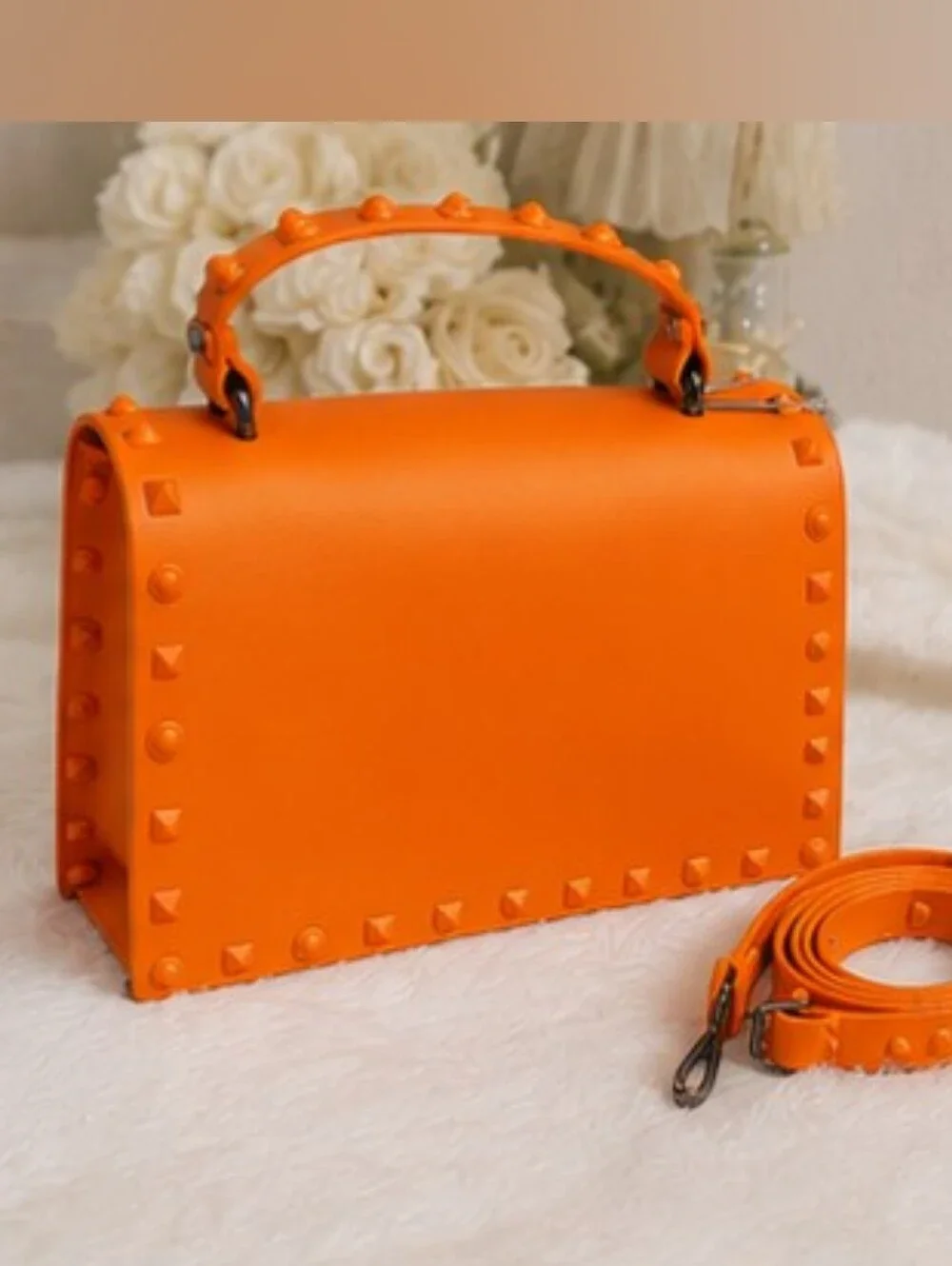 Orange Studded Top-Handle Women's Bag With Adjustable Straps As A Crossbody